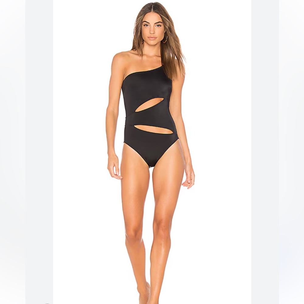 Solid And Striped Black One-Shoulder Cutout Swimsuit
